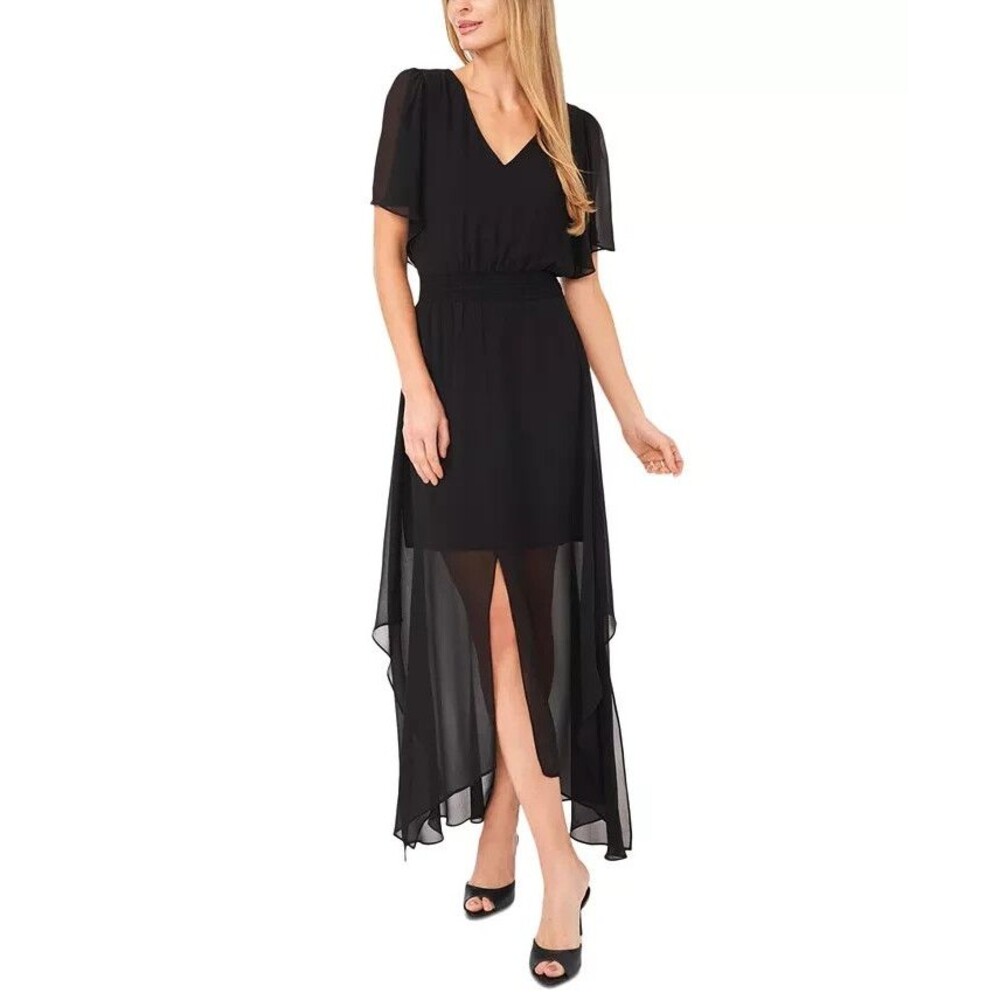 CeCe Women's Smocked Waist Flutter Sleeve Midi Dress Black XS